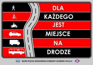 Plakat w czarno czerwone paski ze znajdującymi się pod sobą po lewej stronie osobą pieszą, rowerzystą, motocyklistą, pojazdem osobowym, pojazdem dostawczym, autobusem. Na środku plakatu przebiega droga, zaś po jego prawej stronie znajduje się napis o treści Dla każdego jest miejsce na drodze.