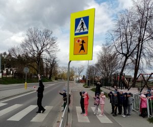 policjantka z grupą dzieci i opiekunami przechodzą przez przejście dla pieszych