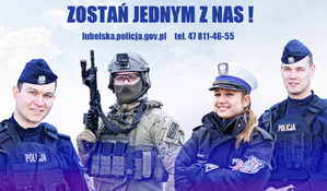 Baner informujący o doborze do policji lubelskiej. Lublin ulica Narutowicza 73, numer telefonu 47-811-46-55