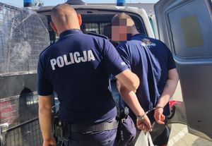 na zdjęciu zatrzymany mężczyzna wprowadzany do samochodu przez policjanta