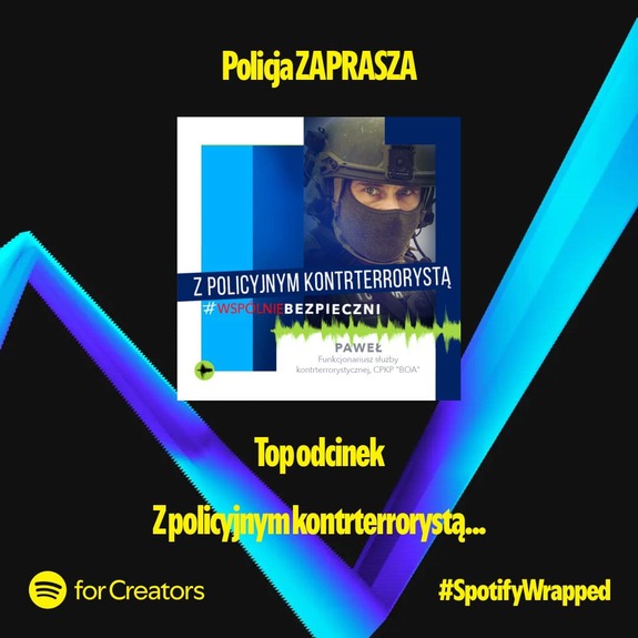 Infografika dotycząca najnowszego podcastu. Policja zaprasza. Z policyjnym kontrterrorystą. #wspólniebezpieczni. Top odcinek