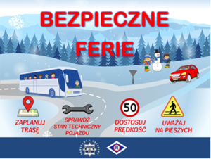 plakat bezpieczne ferie, autobus, samochód, dzieci bałwan na tle zimowej scenerii