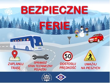 plakat bezpieczne ferie, autobus, samochód, dzieci bałwan na tle zimowej scenerii