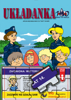 na zdjęciu dwie policjantki i cztery postacie , poniżej układanki