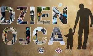 Plakat z napisem: Dzień Ojca, pod spodem gwiazda policyjna i napis: Pomagamy i chronimy oraz logo ruchu drogowego.
