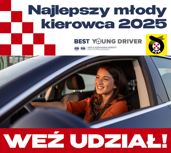 Logo konkursu Najlepszy młody kierowca 2025, na zdjęciu kobieta siedząca za kierownicą samochodu