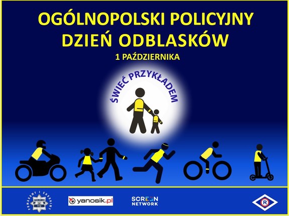 plakat promujący „Ogólnopolski Policyjny Dzień Odblasków” , postacie w kamizelkach odblaskowych