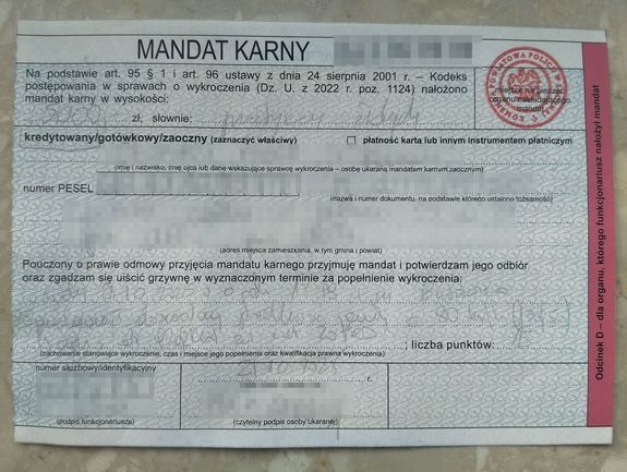 wypełniony blankiet mandatu karnego