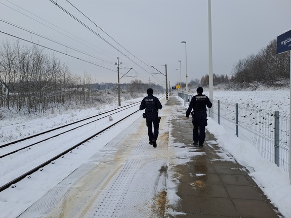 Funkcjonariusze policji  patrolują i sprawdzają teren linii kolejowej
