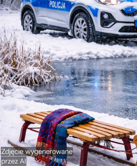 zdjęcie poglądowe, część radiowozu, staw, sanki