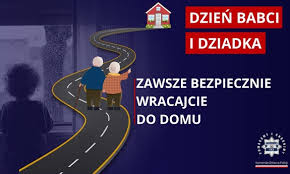 Babciu, Dziadku – bądźcie bezpieczni na drodze, grafika przedstawia seniorów na drodze, w oddali dom