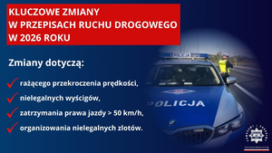 plakat  napisem kluczowe zmiany w przepisach ruchu drogowego w 2026 roku z widocznym radiowozem na drugim planie
