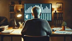 grafika wygenerowana przez sztuczną inteligencję przedstawia seniora tyłem, siedzi on zwrócony przodem do monitora komputera, na którym są wykresy słupkowe