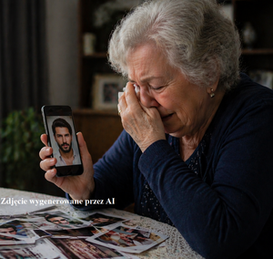 zdjęcie wygenerowane przez AI, seniorka trzyma telefon w ręku z wizerunkiem mężczyzny