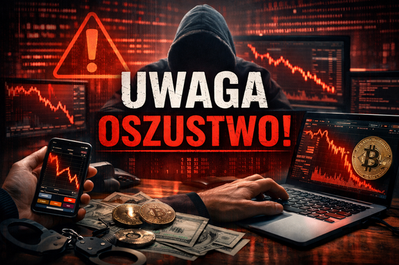 napis uwaga oszustwo a w tle mężczyzna w kapturze i9 komputer