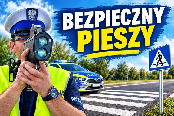 Plakat informujący o akcji bezpieczny pieszy. Policjant mierzy prędkość a w tle znak pionowy informujący o przejściu dla pieszych.