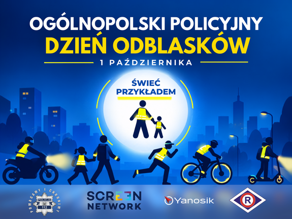 Grafika z napisem: dzień odblasków 1 października, świeć przykładem oraz postaci pieszych, rowerzystów, osoby na hulajnodze i motocyklu.