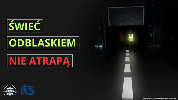 Po lewej stronie napis: Świeć odblaskiem nie atrapą. Po prawej stronie w ciemnym pomieszczeniu na podłodze namalowana przerywana biała linia. W gębi stoją dwie osoby w odblaskowych kamizelkach."